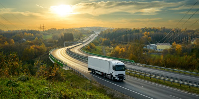 LKW auf Landstraße im Sonnenuntergang